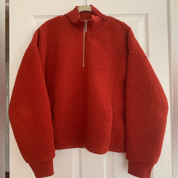 Banana Republic Sherpa Sweater Brick Red Color Neck Zipper Side Pockets Women L - Picture 1 of 7